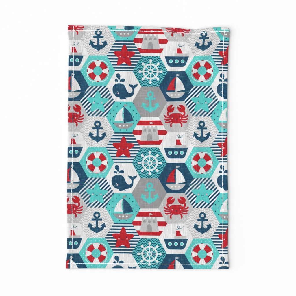 Nautical Baby Hexagonal Quilt Red Blue Grey White Linen Texture Large Scale