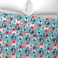 Nautical Baby Hexagonal Quilt Red Blue Grey White Linen Texture Large Scale