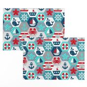 Nautical Baby Hexagonal Quilt Red Blue Grey White Linen Texture Large Scale