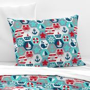 Nautical Baby Hexagonal Quilt Red Blue Grey White Linen Texture Large Scale