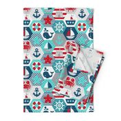 Nautical Baby Hexagonal Quilt Red Blue Grey White Linen Texture Large Scale