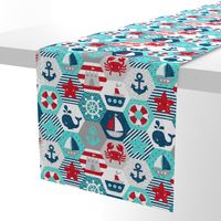 Nautical Baby Hexagonal Quilt Red Blue Grey White Linen Texture Large Scale