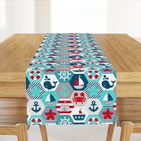 Nautical Baby Hexagonal Quilt Red Blue Grey White Linen Texture Large Scale