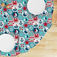 Nautical Baby Hexagonal Quilt Red Blue Grey White Linen Texture Large Scale