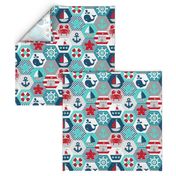 Nautical Baby Hexagonal Quilt Red Blue Grey White Linen Texture Large Scale