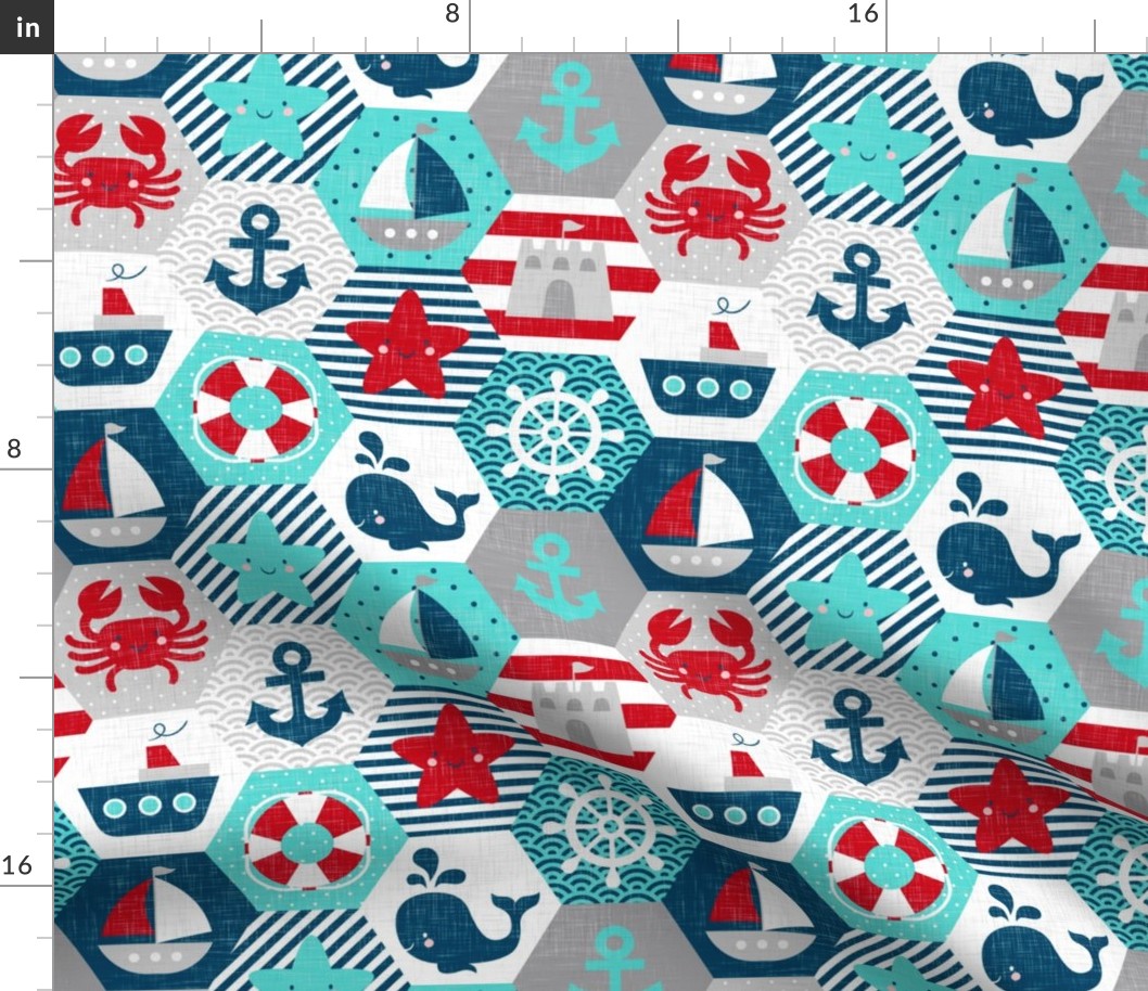 Nautical Baby Hexagonal Quilt Red Blue Grey White Linen Texture Large Scale