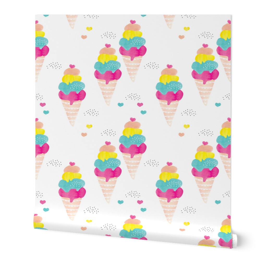 Colorful summer ice cream cone fun trendy kids water color illustration holiday print