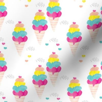 Colorful summer ice cream cone fun trendy kids water color illustration holiday print