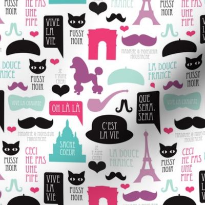Paris icons and french text travel theme with mustache poodle eiffel tower and sacre coeur