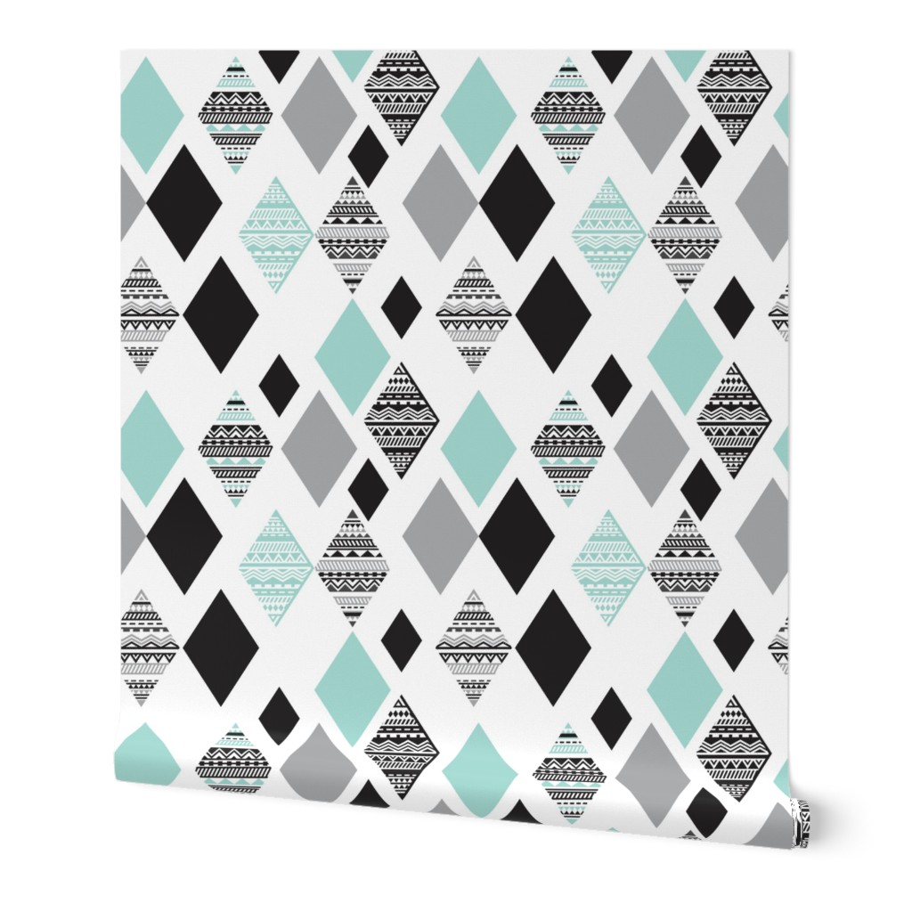 Aztec mint blue black and white geometric diamond fabric 