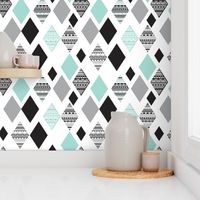 Aztec mint blue black and white geometric diamond fabric 