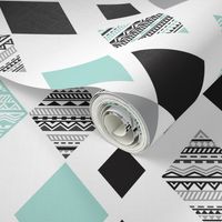 Aztec mint blue black and white geometric diamond fabric 