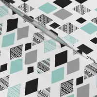 Aztec mint blue black and white geometric diamond fabric 