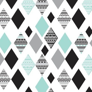Aztec mint blue black and white geometric diamond fabric 