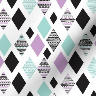 Aztec mint violet purple black and white geometric diamond fabric 