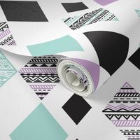 Aztec mint violet purple black and white geometric diamond fabric 