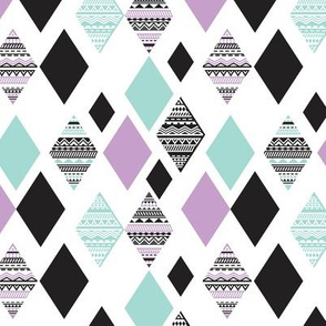 Aztec mint violet purple black and white geometric diamond fabric 
