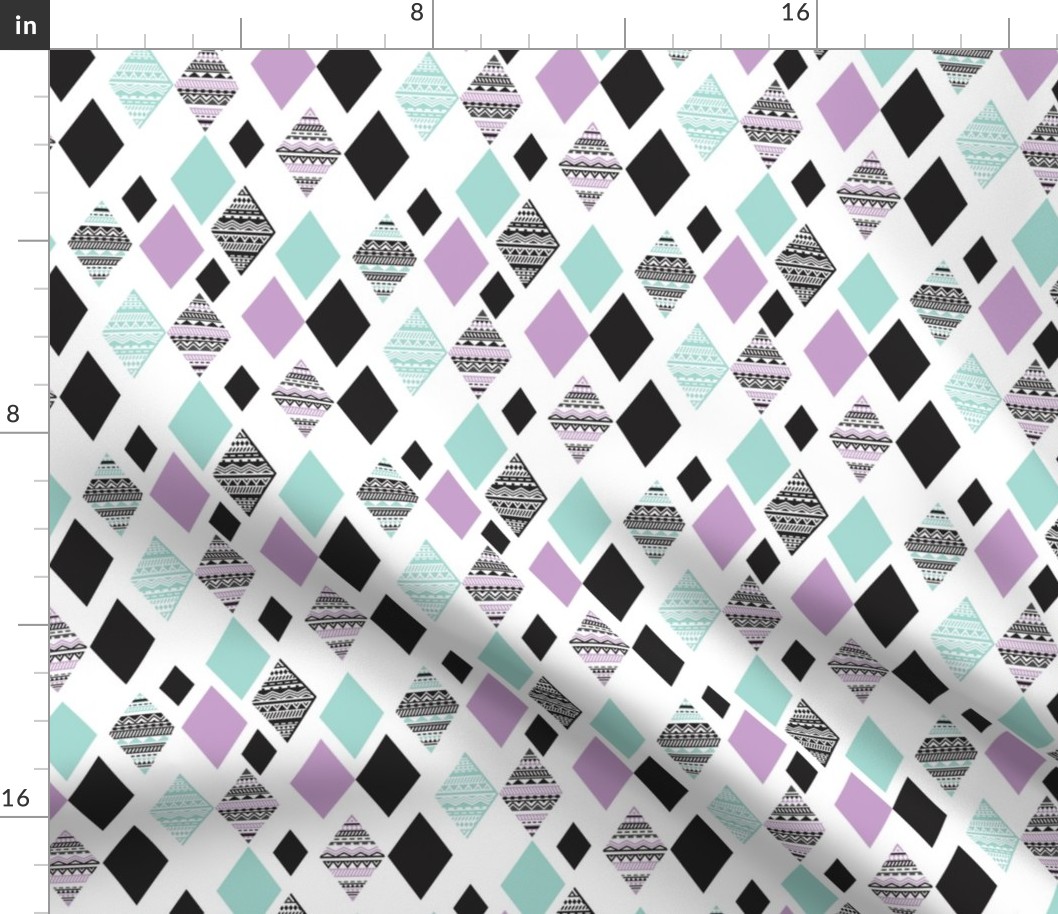 Aztec mint violet purple black and white geometric diamond fabric 