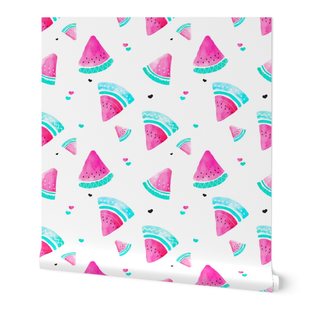 Colorful summer hot pink watermelon fruit hand painted pattern