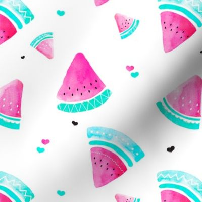 Colorful summer hot pink watermelon fruit hand painted pattern