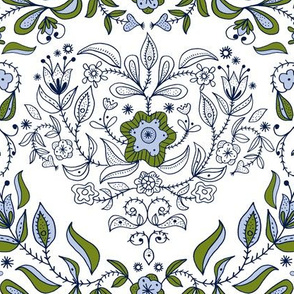 Large Scale print. Dutch Floral Heart: White & Blue