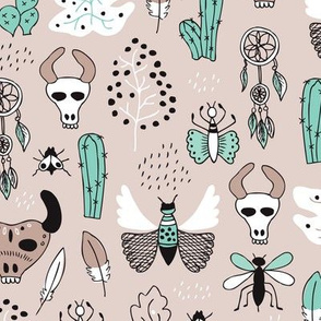 Western skulls and animals indian summer cactus insects and feathers illustration in mint