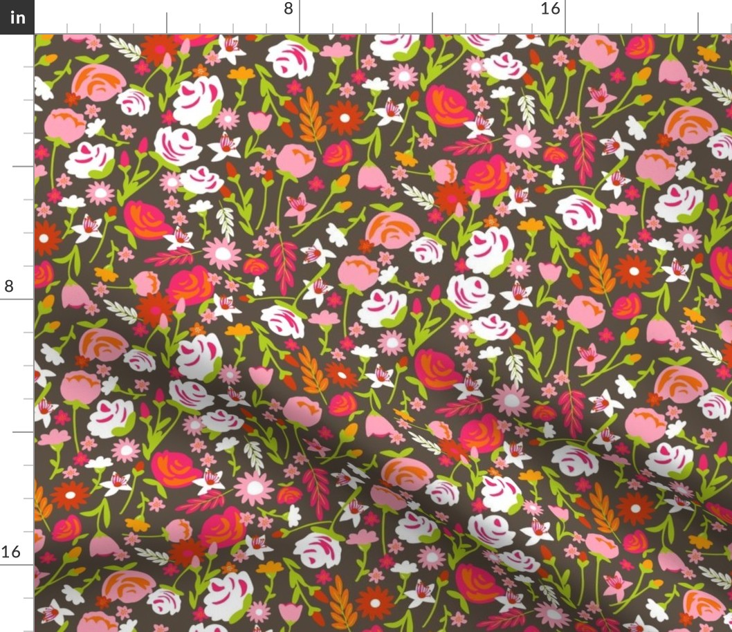 Whimsical Floral Pattern on Dark Brown