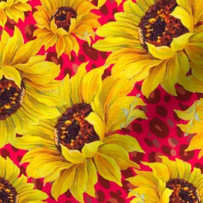 scattered sunflowers on red leopard