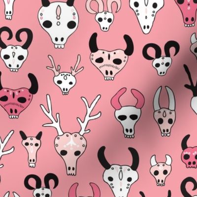 Skulls reindeer moose goat and other animals western hunt theme for creepy fashion and halloween coral pink