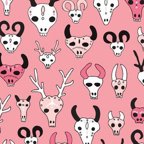 Skulls reindeer moose goat and other animals western hunt theme for creepy fashion and halloween coral pink