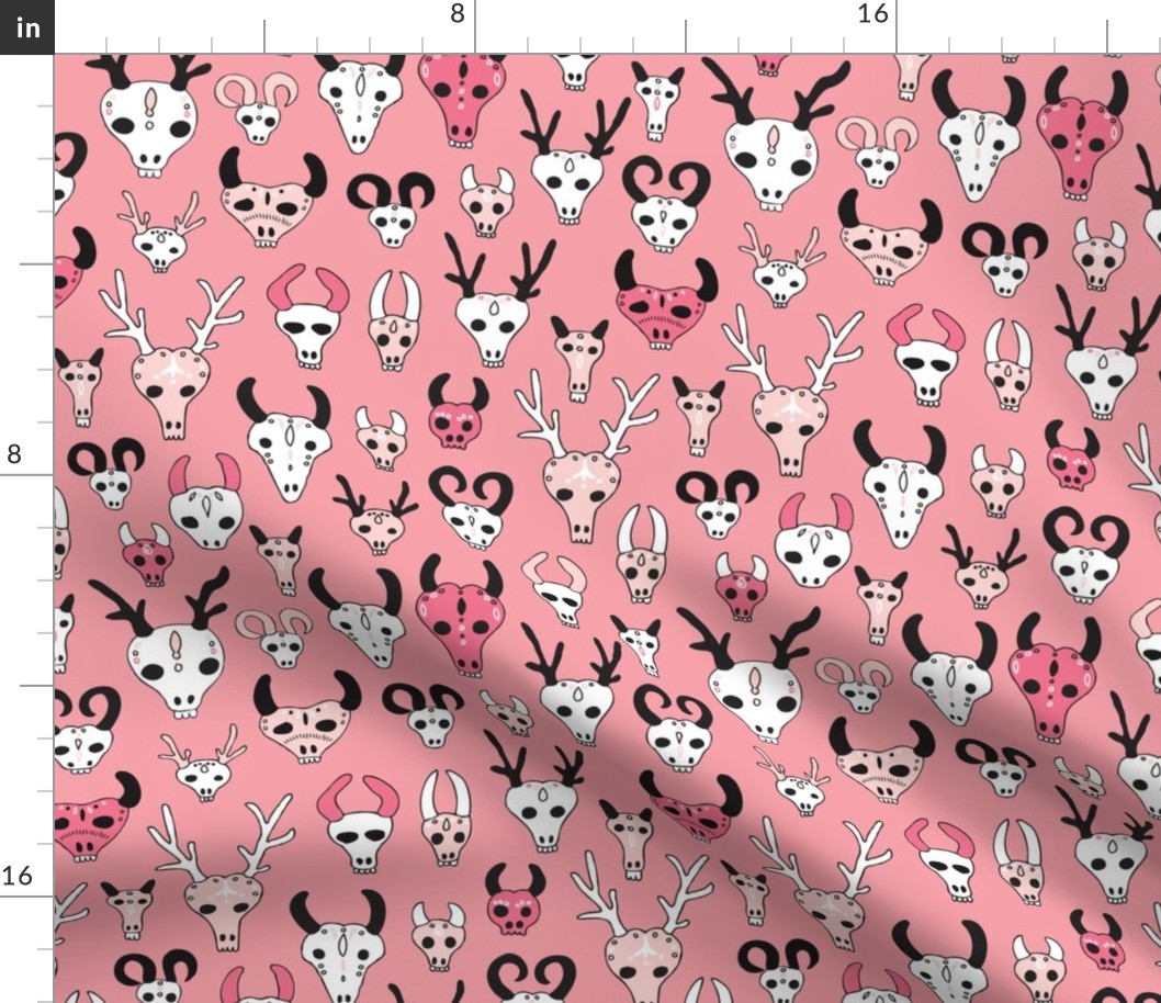 Skulls reindeer moose goat and other animals western hunt theme for creepy fashion and halloween coral pink