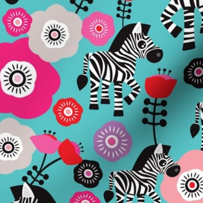 Cute colorful zebra zoo animals and flower garden african kids theme illustration pattern