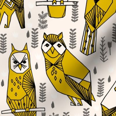 geo owls // large mustard and cream owls birds hand-drawn illustration seamless repeat by Andrea Lauren