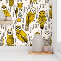 geo owls // large mustard and cream owls birds hand-drawn illustration seamless repeat by Andrea Lauren