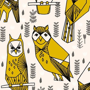 geo owls // large mustard and cream owls birds hand-drawn illustration seamless repeat by Andrea Lauren
