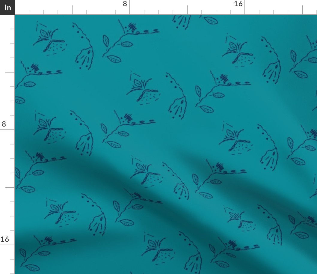 teal meadow with navy flower embroidery