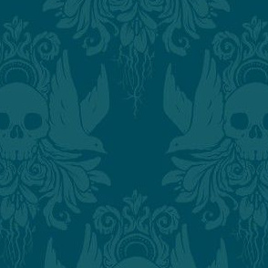 Skull and Birds Brocade: Teal