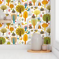 Hedgehogs And Birds / White Background / Large Scale