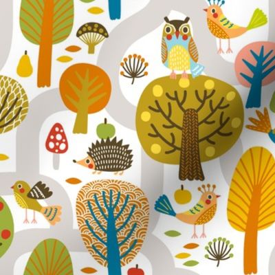 Hedgehogs And Birds / White Background / Large Scale