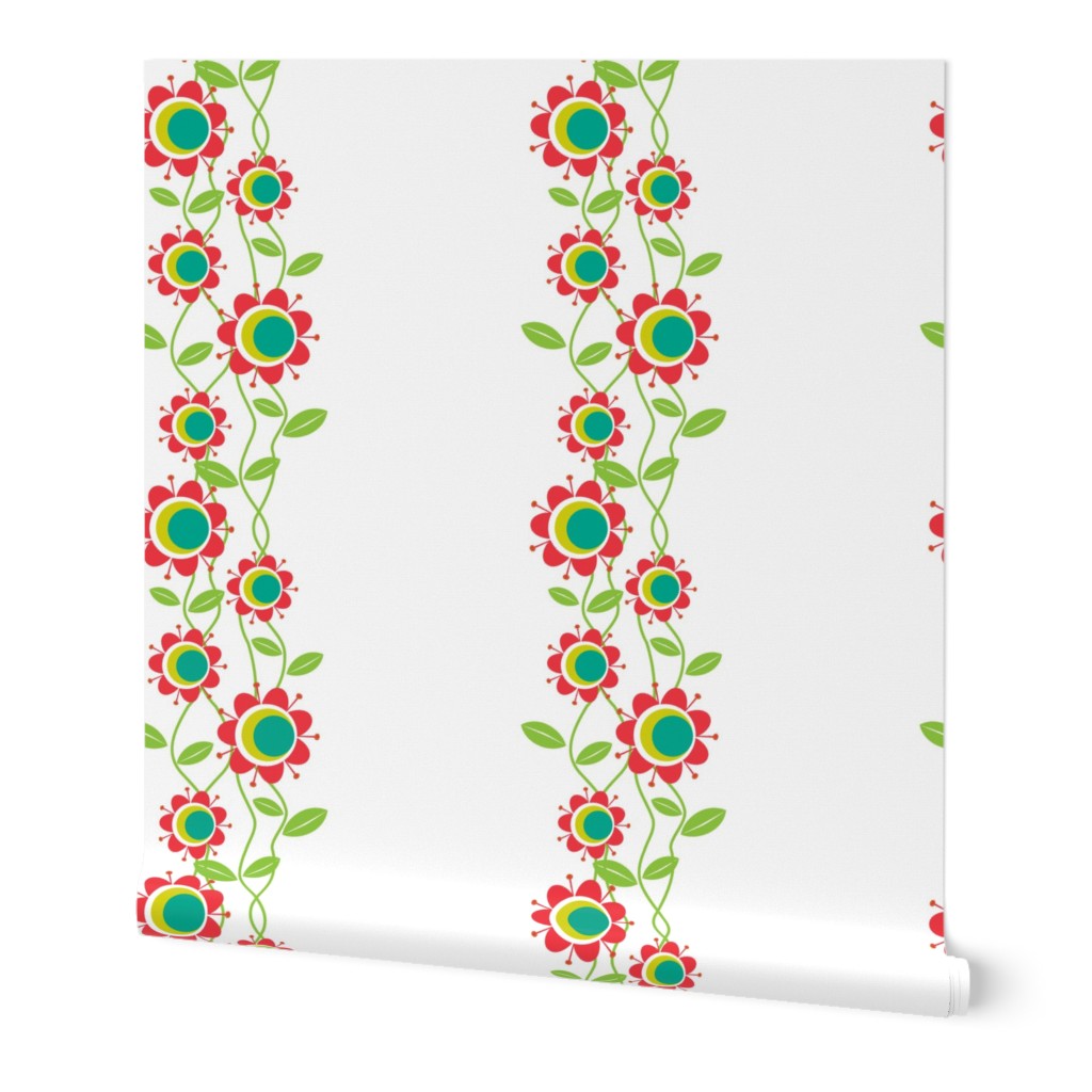 Whimsical flowers on vines with red petals and yellow centers against a white background.