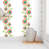 Whimsical flowers on vines with red petals and yellow centers against a white background.