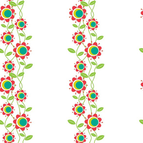 Whimsical flowers on vines with red petals and yellow centers against a white background.