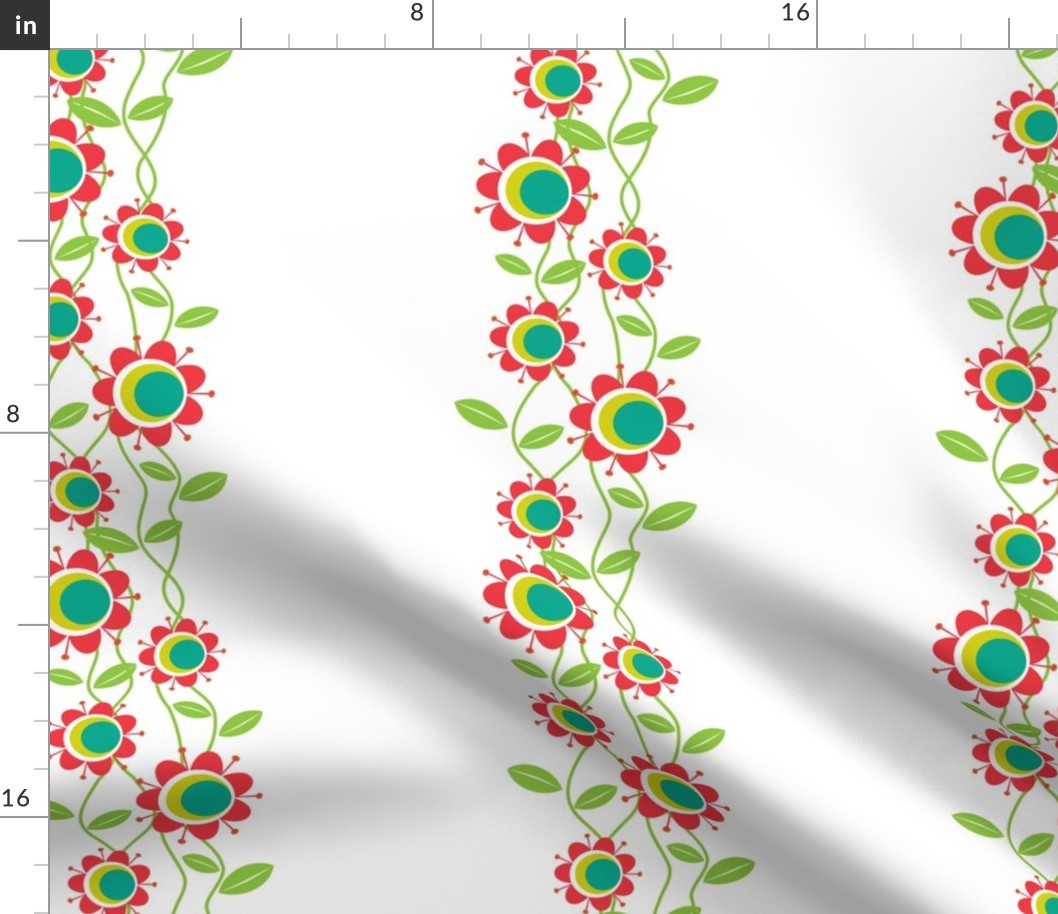 Whimsical flowers on vines with red petals and yellow centers against a white background.