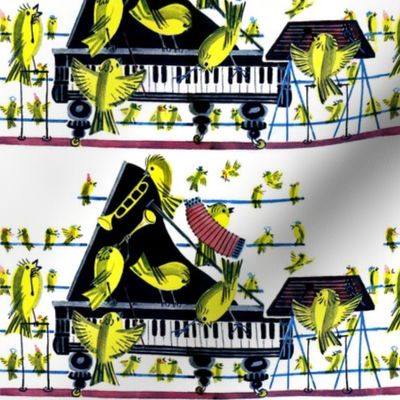 canary yellow birds music musicians singer singing trumpets pianos accordions pianos bugles xylophone vibraphone concerts perform band carnaries