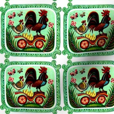 roosters hens chicks chickens birds butterfly butterflies flowers carts folk art vintage retro whimsical family parents fathers mothers children