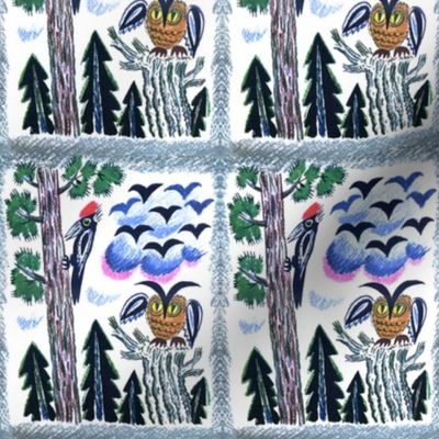 trees forests woodpeckers owls birds conifers coniferous clouds vintage retro kitsch whimsical