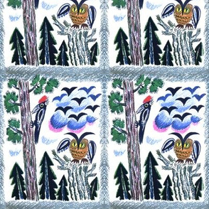 trees forests woodpeckers owls birds conifers coniferous clouds vintage retro kitsch whimsical