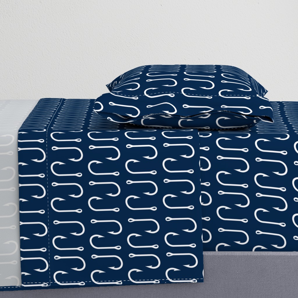 fish hooks // white on navy - LARGE Scale