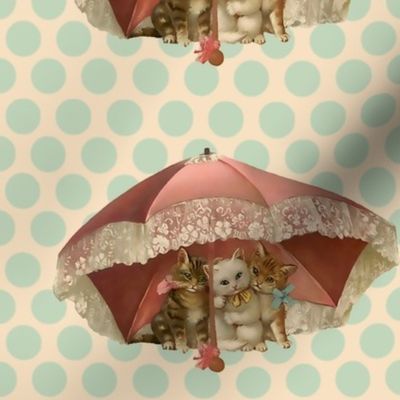 Vintage Kitties Under Umbrella