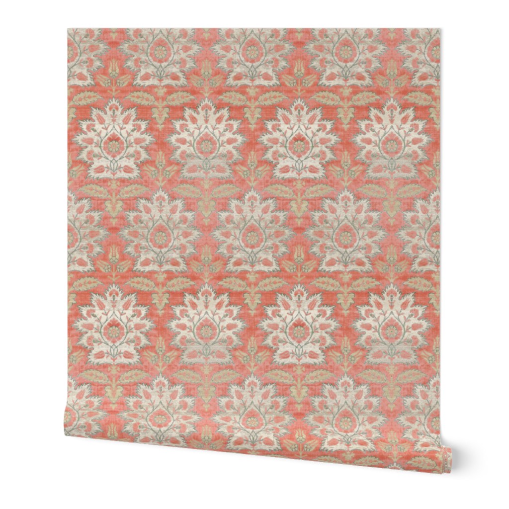 Carnations and Tulips Damask Ikat ~ Mint and Coral 